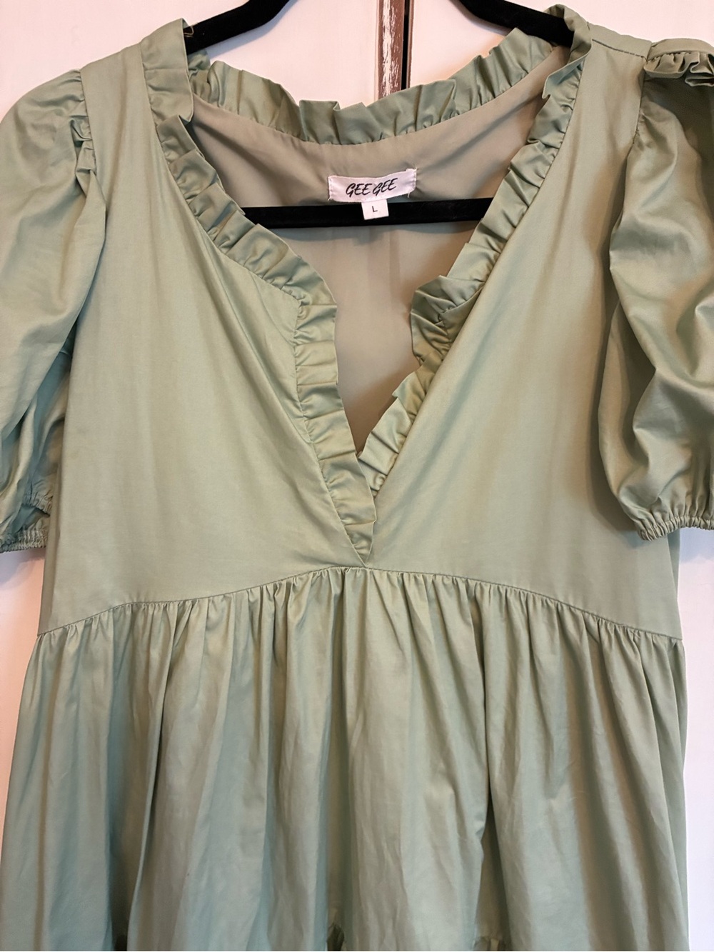 Ruffle V-Neck Tiered Casual Dress in Sage Green - Picture 3 of 6